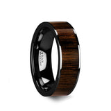 Black Ceramic flat men's wedding ring with black walnut wood inlay and...