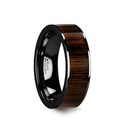 Black Ceramic flat men's wedding ring with black walnut wood inlay and polished finish