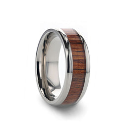 Titanium wedding ring with exotic koa wood inlay and beveled edges.