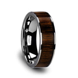 Flat Tungsten Carbide ring with black walnut wood inlay and polished edges