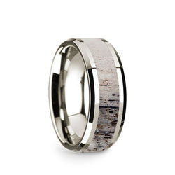14K White Gold wedding band with ombre deer antler inlay and beveled edges.