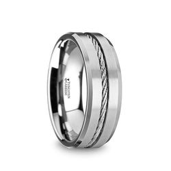 Tungsten men's wedding band with steel wire cable inlay and beveled edges