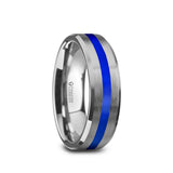 White Tungsten men's wedding ring with blue stripe and beveled edges