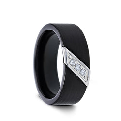 Tungsten men's wedding ring with flat black satin finish and diagonal diamonds set in steel