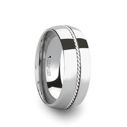 Tungsten domed men's wedding ring with braided silver inlay and polished finish