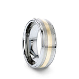Tungsten men's wedding ring with raised center, gold inlay, satin finish with...