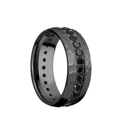 Black Zirconium domed men's wedding band with an eternity arrangement of ethically sourced .05 carat black diamonds and a hammered finish.