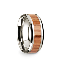 14K White Gold men's wedding band with red oak wood inlay and beveled edges