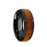 Black Ceramic domed men's wedding ring with mahogany wood inlay and polished...