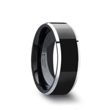 Tungsten Carbide wedding ring with black polish finished center and metallic beveled...