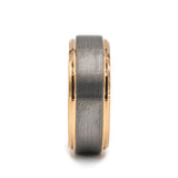 Tungsten Carbide men's wedding band with brushed center featuring a rose gold...