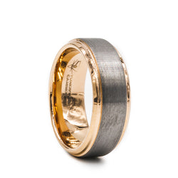 Tungsten Carbide men's wedding band with brushed center featuring a rose gold plated beveled edge and sleeve. 