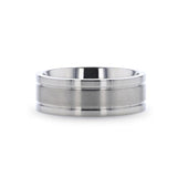 Titanium flat men's wedding ring with dual grooves, brushed center and polished...