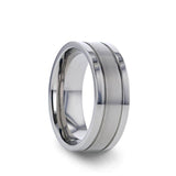 Titanium flat men's wedding ring with dual grooves, brushed center and polished...