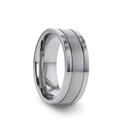Titanium flat men's wedding ring with dual grooves, brushed center and polished edges.