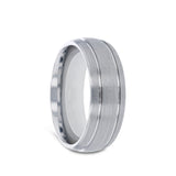 Tungsten Carbide men's wedding ring with domed design, dual grooves, and brushed...
