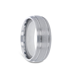 Tungsten Carbide men's wedding ring with domed design, dual grooves, and brushed center. 
