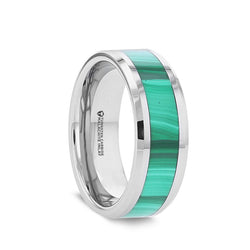 Tungsten men's wedding band with malachite inlay and beveled edges