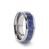 Titanium men's wedding ring with blue lapis lazuli inlay and beveled edges