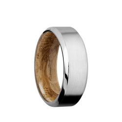 Cobalt Chrome men's wedding band with beveled edges featuring a whiskey barrel sleeve. 