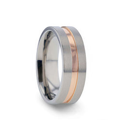 Titanium pipe cut men's wedding ring with brushed finished and rose gold plated groove