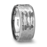 White Tungsten ring with hammered finish and polished bevels