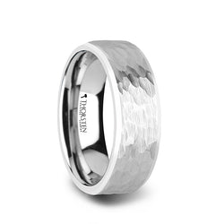 White Tungsten men's wedding ring with hammered finish and polished bevels