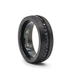 Black Tungsten men's wedding ring with an eternity of black sapphires, brushed finish and flat edges.