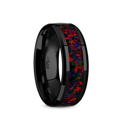 Ceramic men's wedding band with black and black opal inlay and beveled edges