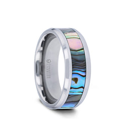 Tungsten wedding band with polished edges and mother of pearl inlay