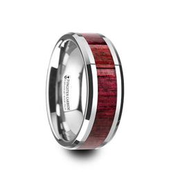 Tungsten Carbide men's wedding ring with purpleheart wood inlay and beveled edges