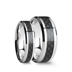 Tungsten matching wedding bands with a black carbon fiber inlay and beveled edges. 