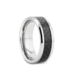 Tungsten wedding band with beveled edges and black carbon fiber inlay.