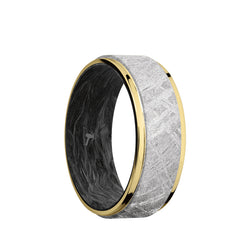 10K Yellow Gold men's wedding band with 6mm of raised meteorite inlay and flat, grooved edges featuring a forged carbon fiber sleeve. 