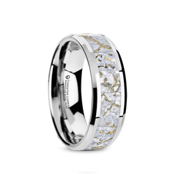 Tungsten men's wedding ring with white dinosaur bone inlay and beveled edges