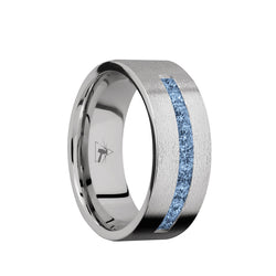 Cobalt Chrome flat men's wedding band with a channel of 9 square cut .06 carat denim sapphires featuring a stone finish