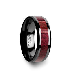 Black Ceramic men's wedding ring with purple heart wood inlay and beveled edges
