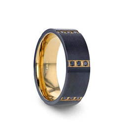 Black Titanium flat wedding band with gold plated interior, 6 gold plated bezels, triple black diamond settings and brushed finish. 