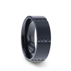 Black Titanium flat men's wedding band with a brushed finish and 6 sets of quadruple black sapphires in horizontal channels.