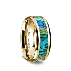 14K Gold wedding band with mother of pearl inlay and beveled edges.