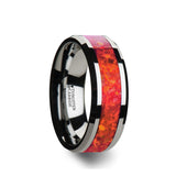 Tungsten men's wedding ring with red opal inlay and beveled edges