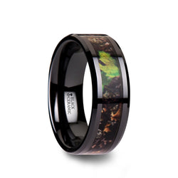 Black Ceramic men's wedding ring with camouflage inlay and beveled edges
