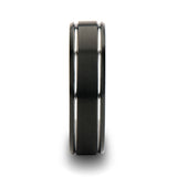 Tungsten Carbide wedding ring with brushed finish, beveled edges and polished grooves