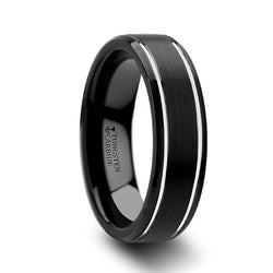 Tungsten Carbide wedding ring with brushed finish, beveled edges and polished grooves