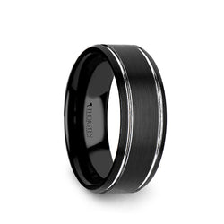 Tungsten Carbide men's wedding ring with polished grooves, brushed finish and beveled edges