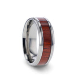 Titanium men's wedding ring with padauk wood inlay and beveled edges