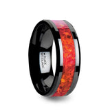 Black Ceramic men's wedding band with red opal inlay and beveled edges