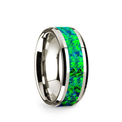 14K White Gold men's wedding band with blue and green opal inlay and beveled edges.