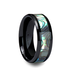 Black Ceramic men's wedding ring with mother of pearl inlay and beveled edges