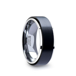 Tungsten men's wedding band with ceramic raised center and brushed finish. 